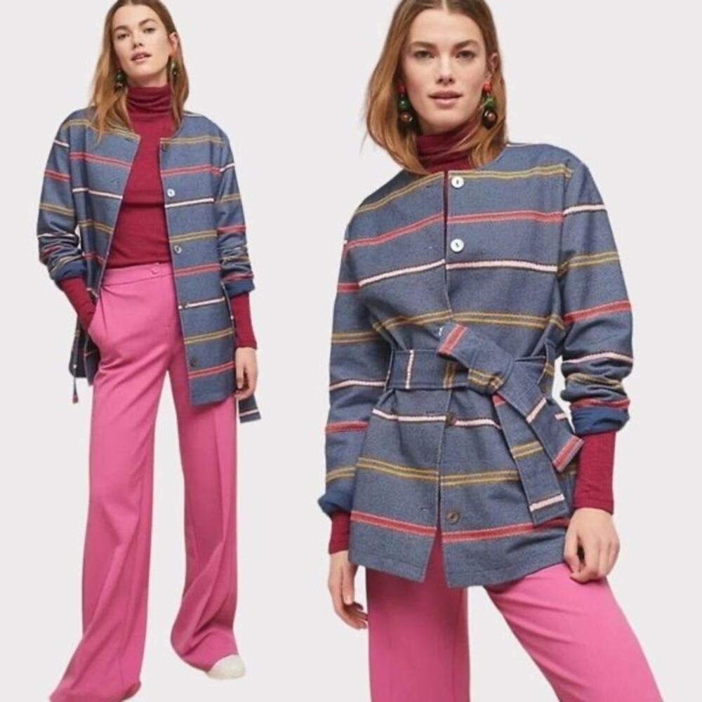 Anthropologie Dolan Piccadilly Blue Button Front Striped Belted Short Coat Small
